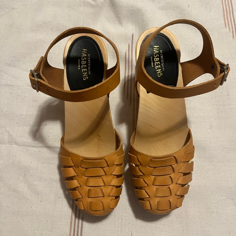Swedish Hasbeens Snake Natural Tan Leather Mules with Woven Design